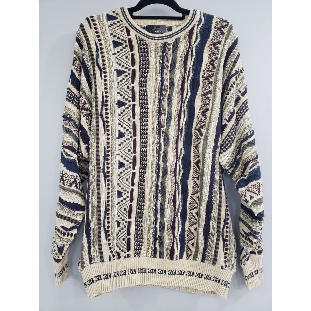 Vintage J Ferrar Coogi Style 3D Knit Textured Colorful Chunky Sweater Size XL